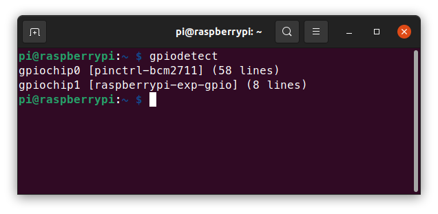 Image of gpiodetect running on the Raspberry Pi 4