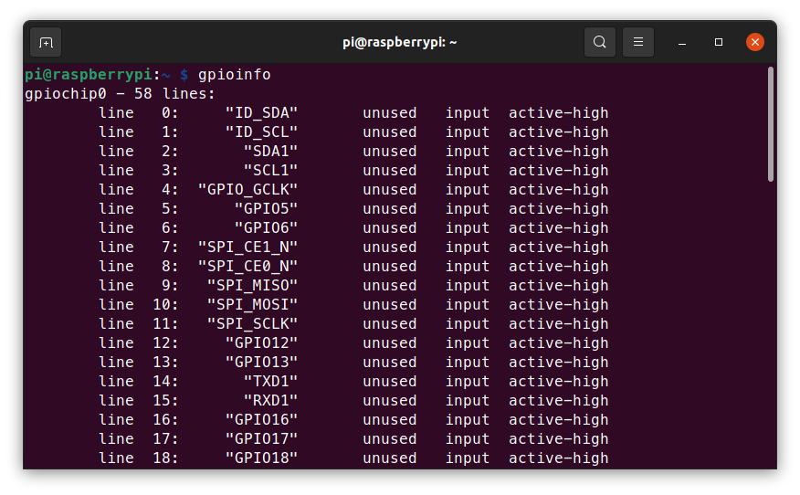 Image of gpioinfo running on the Raspberry Pi 4